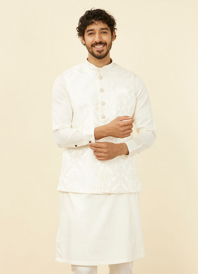 alt message - Manyavar Men Warm White Bagh Patterned Nehru Jacket image number 0